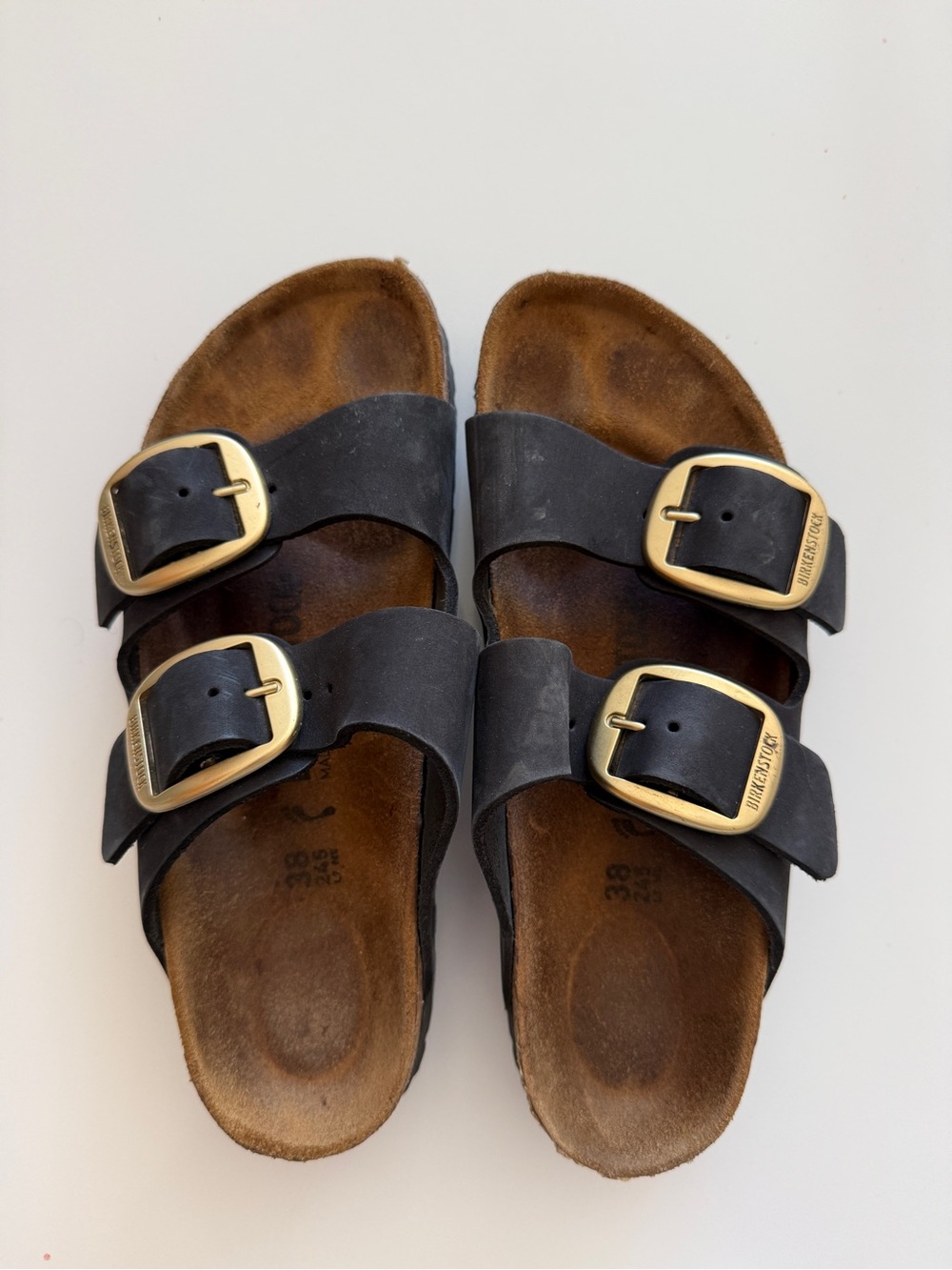 Birkenstock Women's Black Double-Buckle Sandals with Gold Buckles